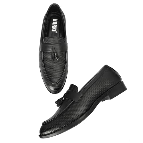 Image of NARKI Men's Black Textured Leather Tassel Loafers - Stylish Slip-On Formal Shoes for Office