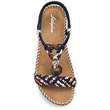 Littleplum Sandalen Damen Freizeit Flach Sandalette Handarbeit mit Strass Perlen Bohemia Strand Schuhe,A Blau 39 EU