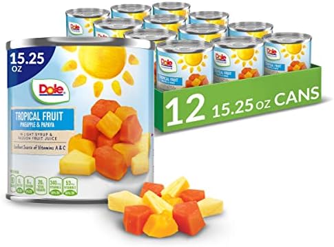 Dole Canned Tropical Fruit in Light Syrup & Passionfruit Juice, Pineapple & Papaya, Gluten Free, Pantry Staples, 15.25 Oz, 12 Count