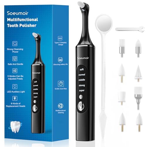 Tooth Polisher Rechargeable Tooth Whitening Kit for Teeth Cleaning and Whitening with 8 Brush Heads LED Light 5 Speed Modes Dental Polisher Personal Dental Care Kit