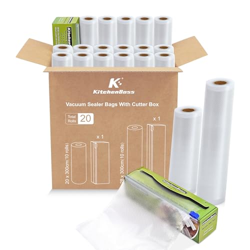 KitchenBoss 20 Rouleaux Sacs Sous Vide Alimentaire:Rouleau Sous Vide Alimentaire avec 2 Boîtes de Coupe, 20/28 x 300 cm (10 Pcs Chacun), Sachet Sous Vide...