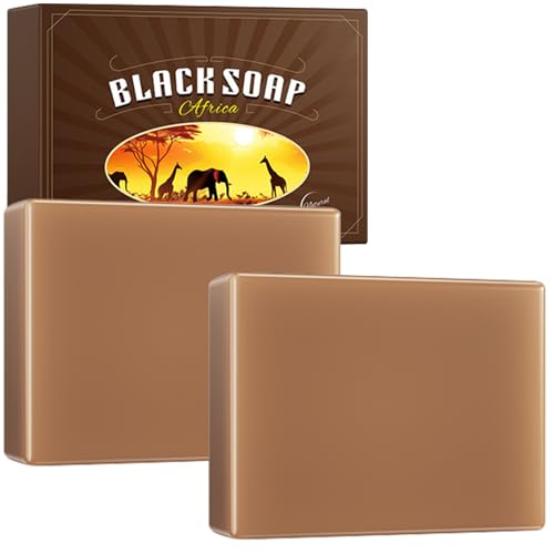 Jabón Negro Africano, Facial Cuerpo Limpieza Exfoliante, African Black Soap para el Acné y las Manchas Oscuras, Jabón Facial Natural para Hombres y Mujeres en Barra, 2 x 100g