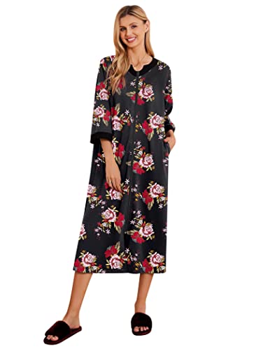 Ekouaer Womens Zipper Front Robes Long Soft Bathrobe Loose Housecoat 3/4 Sleeves Loungewear Black Flowers Large #TOP20
