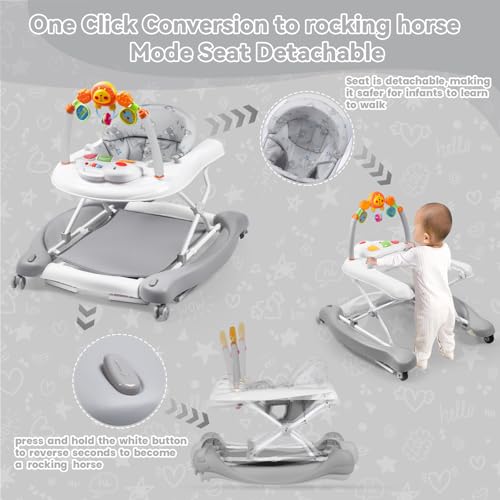 Image of Baby Walker, 5 in 1 Baby Walkers for Boys Girls 6-12 Months, Foldable Walkers for Babies with Bouncer & Feeding Tray, Music, Adjustable Heights, Activity Walker for Infant