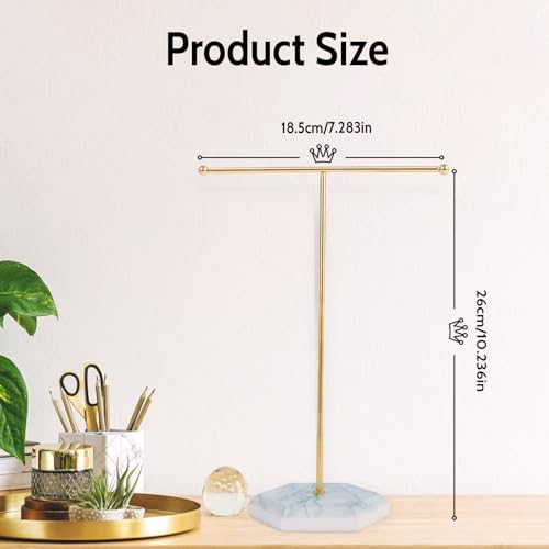Minicoco Jewellery Organiser Stand Metal T-Bar Jewelry Stand Necklace Display Stand Earrings Display Holder Hanging Pendant Rack with Marble Pattern Round Tray for Bracelets Rings Keys (Gold + White) - Image 3