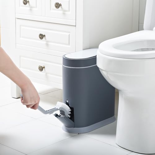 Image of ELPHECO Bathroom Trash Can with lid - 2.5 Gallon Waterproof Sensor Trash Bin, 10 Liter Motion Sensor Trash Can, Slim Garbage Bin Bathroom Decor (Grey, 2.5 Gallon with Toilet Brush)