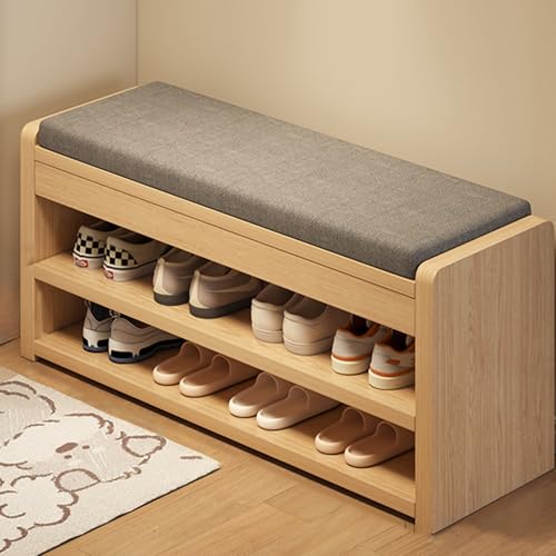 Banco de entrada tapizado de tela con asiento acolchado y organizador de zapatos de 2 niveles para el hogar, dormitorio, almacenamiento