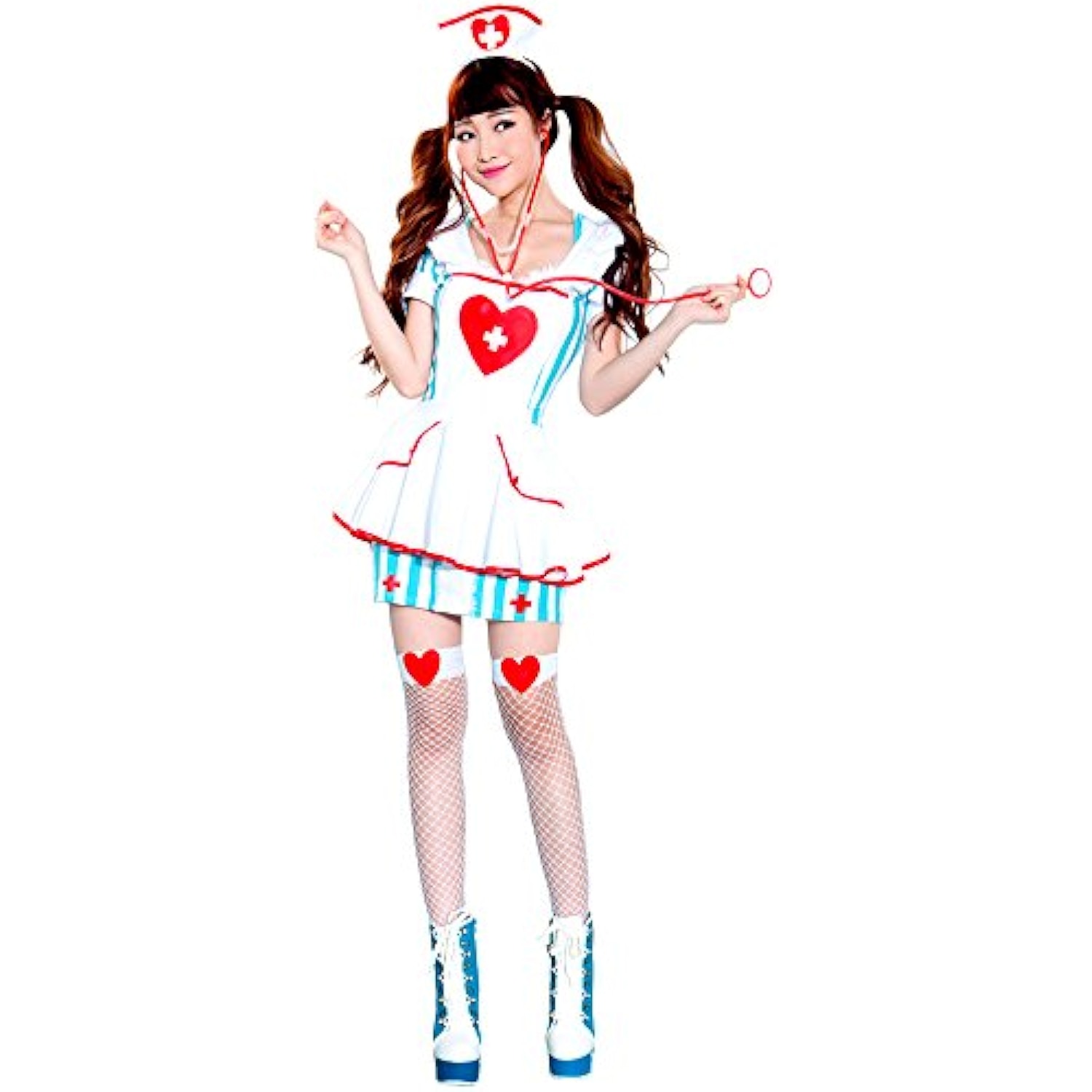 Malymoon ストライプなエプロンナース コスチューム ブルー レディース フリーサイズ 詳細画像1