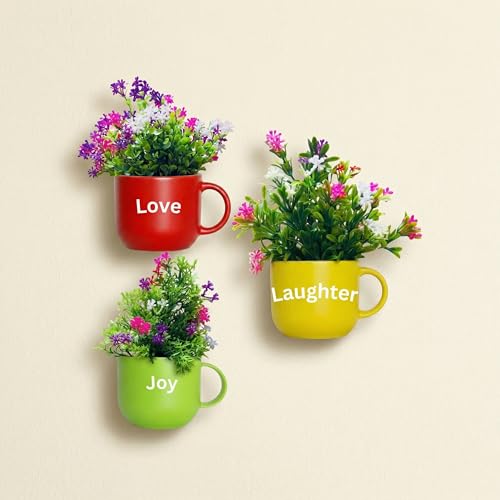 Image of Dekorly Wall Hanging Mug Planters with Artificial Flowers (20CM) - Decorative Hanging Cups, Colorful Floral Wall Decor for Living Room Bedroom Balcony Office Gift Set (3, Love Laughter Joy)