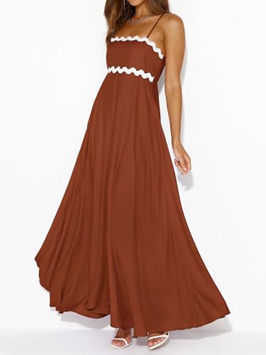 Image of PRETTYGARDEN Women Spaghetti Strap Boho Maxi Dresses Flowy | Sleeveless Smocked Long Dress, Striped Trim Flowy Dress Pockets, Elegant Square Neck Beach Sundress, Casual Summer Outfits