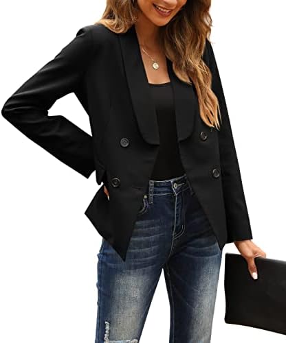 Hongqizo Women Cropped Blazer Womens Notched Lapel Pockets Button Work Office Blazer Jacket Suit(Black,L)