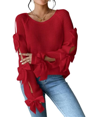 SISKIN Women's Pullover Knitted Bow Crew Neck Trendy Long Sleeve
