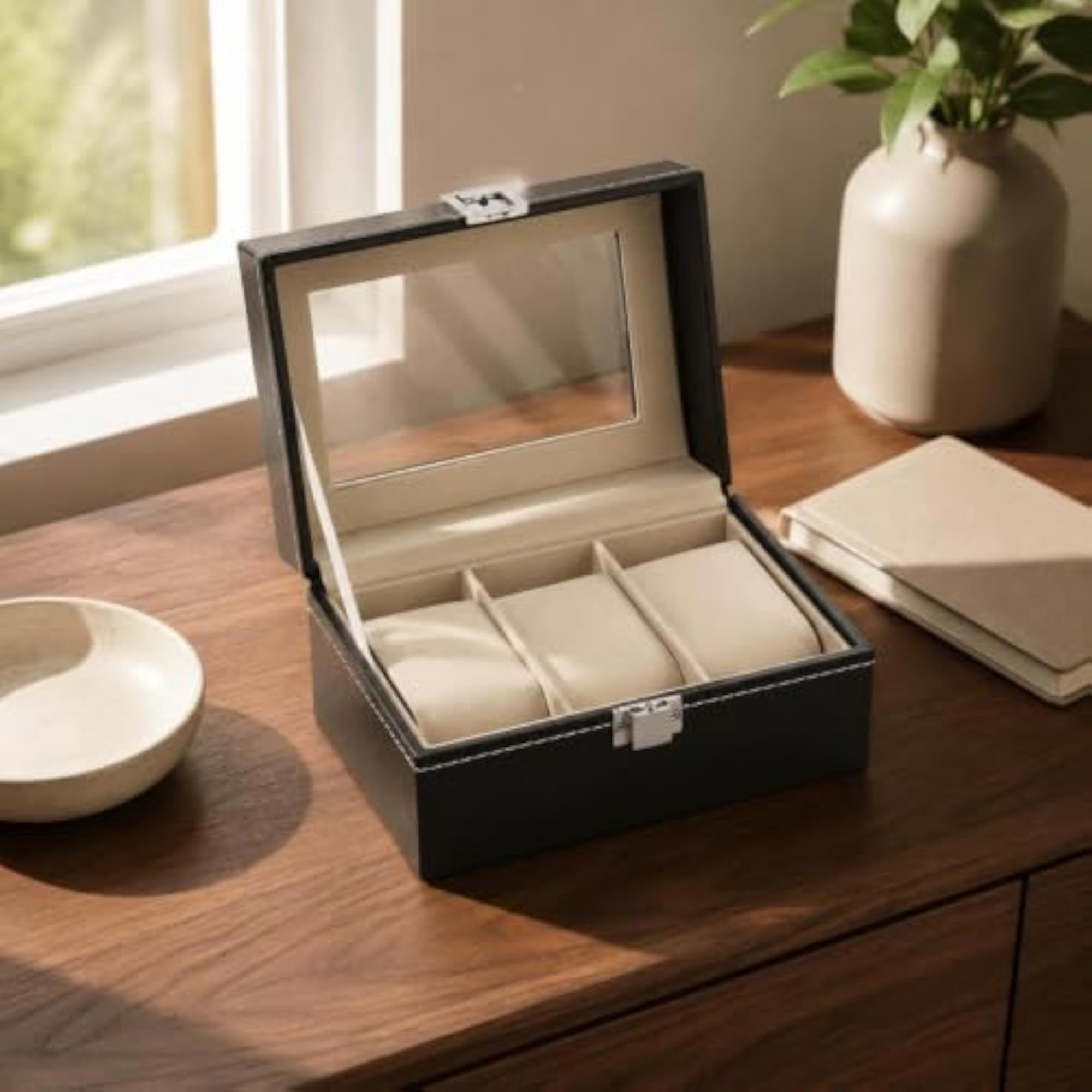 Padded Watch Display Box, Leather-Like Organizer with 12 Slots