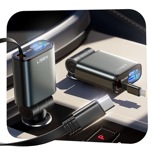 LISEN Car Charger USB C Fast Charge, Retractable Car Charger USB C [98% Space-Smart] for Truck BMW Car Accessories for Women Men Phone Type C Charging for iPhone 17 Pro Max 16 15 Samsung S26/S25
