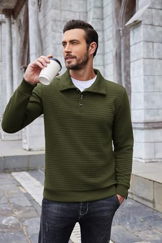 COOFANDY Mens Quarter Pullover Quilted Sweatshirt Casual Knit Long Sleeve Mock Neck Sweater Waffle Collared Pullover2
