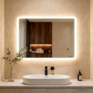 Clevich Badspiegel mit Beleuchtung 70×50 cm, LED Spiegel mit 3 Lichtfarben dimmbar, gehärtetes Glas und mattierter Rand, Touch-Schalter, Memory-Funktion, beschlagfrei, Badezimmerspiegel mit Licht