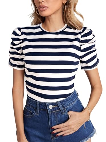 LilyCoco Womens Striped Shirt Short Puff Sleeve Tops Crew Neck Fitted Pirate Tees Blue Large