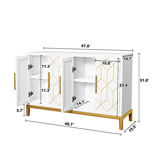 Hlr Accent Cabinet With 4 Doors And Shelves, Freestanding Sideboard Buffet Cabinet With Gold Lines, Modern Credenza Storage Cabinet For Living Room, Entryway, Kitchen, Dining Room, White #TOP1