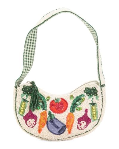 MADE IN INDIA Garden Beaded Shoulder Bag with Vegetable Design Gingham Pattern Zipper Closure with Tassel Pull 8.25in W x 5.5in H Interior Slip Pocket