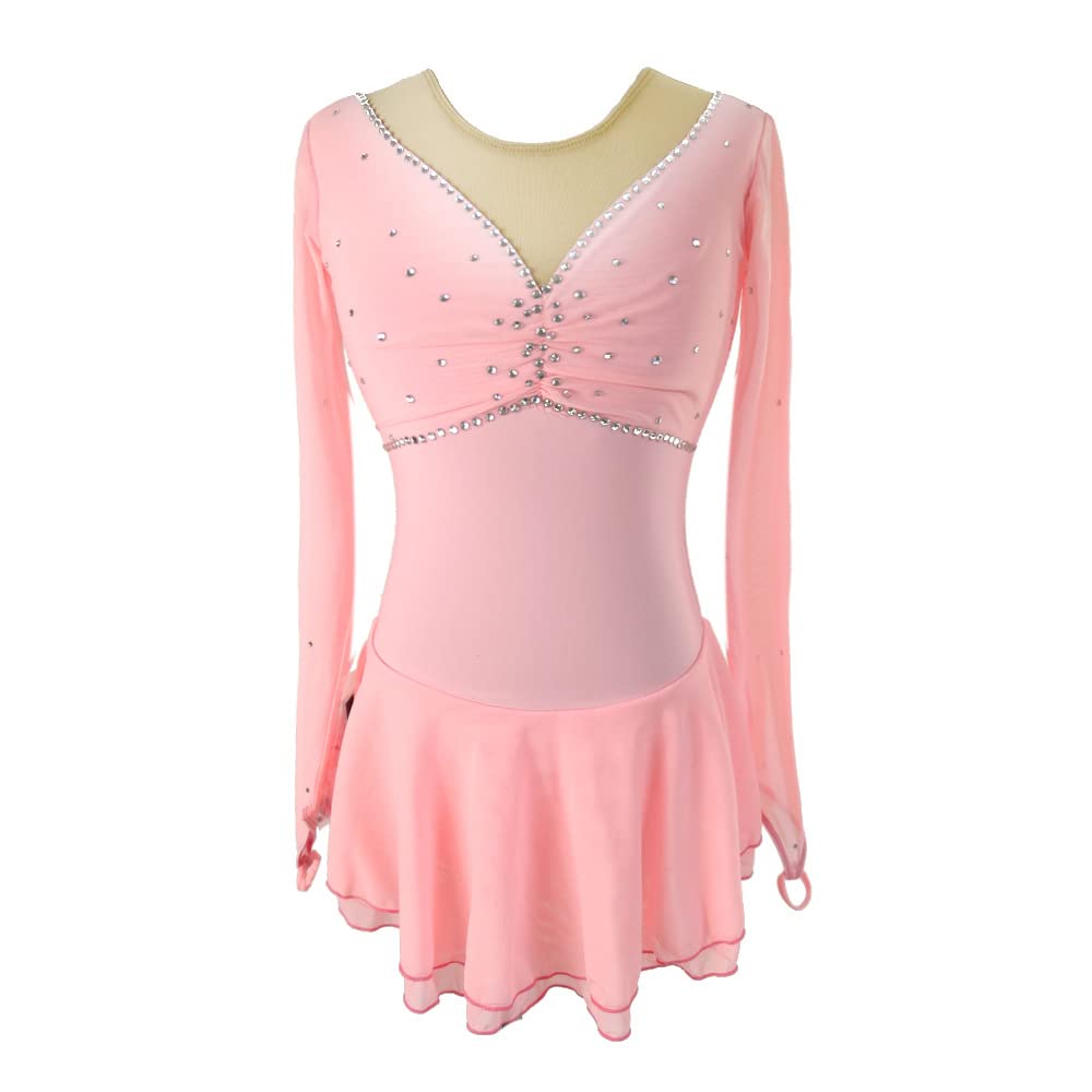BINGHUOZHIWU Pink Figure ice Skating Dresses for Girls, Long Sleeve,Boat Neck
