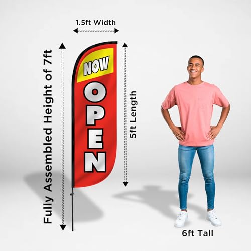 Image of LookOurWay Feather Flag Set - 5ft Tall Advertising Banner Flag with Pole Kit and X-Stand for Business Promotion - Now Open Red /Yellow