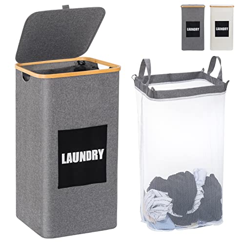 Image of Uross Laundry Hamper with Lid- 100L Large Laundry Basket with Bamboo Handles, Clothes Hamper with Lid for Bedroom, Tall Laundry Hamper Basket with Lid, Big Dirty Clothes Hamper for Laundry, Grey