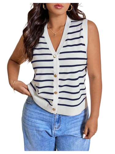Image of Verdusa Women's Plus Size Old Money Vest Tops 2025 Striped Sleeveless Button Up Sweater Vests