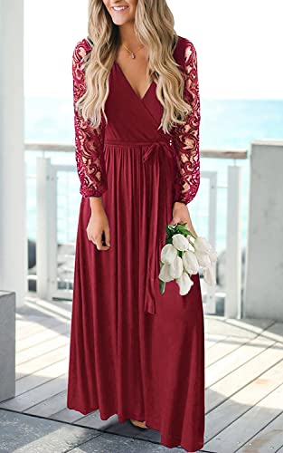 Image of Kranda Womens Vintage Floral Lace Long Sleeve Faux Wrap V Neck Party Long Maxi Dress