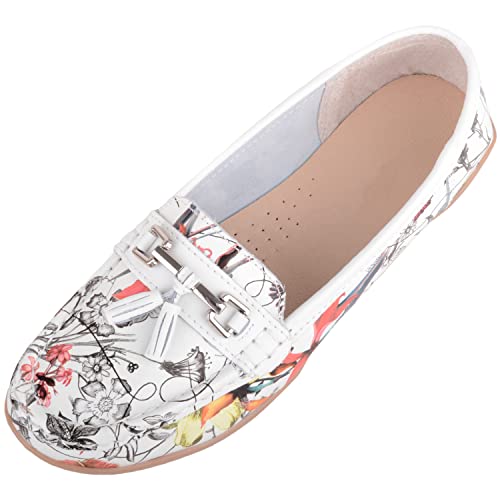 ABSOLUTE FOOTWEAR Womens Easy Slip On Leather Colour Floral Print Tassle Summer Work Loafers - White - UK 4 / EU 37