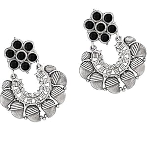 Afghani Navratri Fashion Oxidised Silver/German Silver Statement Black Chandbali Stylish Tribal Drop Jewellery Earrings for Girls and Women (1Pair)