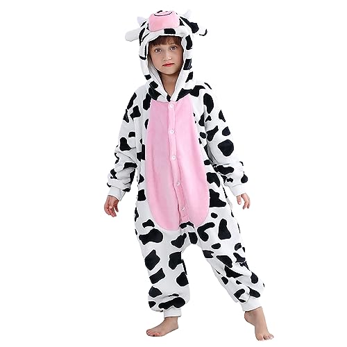 MICHLEY Animal Hooded Romper Kids Flannel Halloween Cosplay Pajamas Costume 3-12T for Autumn Winter, Cow, 11-12T, Size140