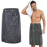 Saunakilt Herren mit Taschen 70x140 cm, Verstellbares Saunatuch mit Druckknopf & Elastischem Bund, Rutschfest & Schnelltrocknend, Saunahandtuch für Sauna, Fitnessstudio, Dusche, Spa & Strand (Grau)