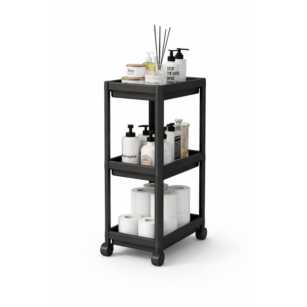 sugodesign Peggy 3-stöckiger Küchen- und Bad-Organizer mit Rollen, Kompakter Rollwagen für Badezimmer und Küche, 3 Regalböden, Werkzeuglose Montage (schwarz)