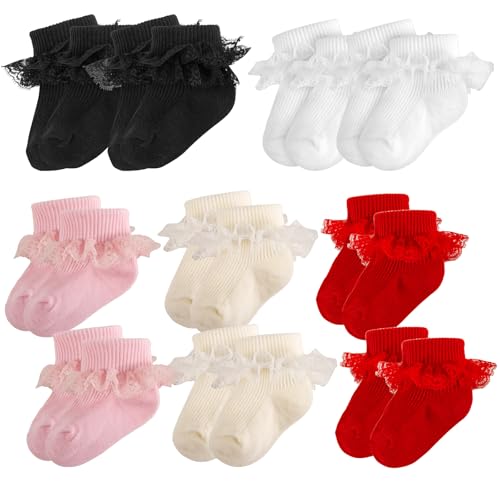 Image of MKYSZLT Baby Girl Ruffle Socks Eyelet Double Lace Turn Cuff Ankle Frilly Dress Socks for Newborn/Infant/Toddler/Little Kids