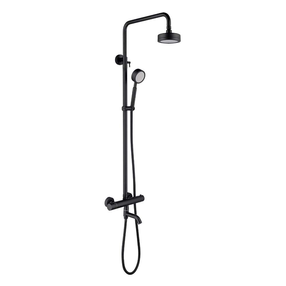 Système de douche thermostatique noir exposé avec pommeau pluie et douchette réglable