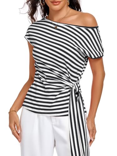 Image of HOTIAN Womens Cap Sleeve T Shirts 2026 Tie Waist Wrap Tops Crew Neck Blouses Dressy Casual Loose Work Business Dressy