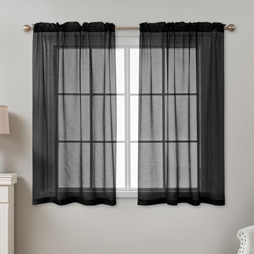 Image of Black Sheer Curtains 54 Inch Length, Privacy Semi Sheer Curtains for Dining Room Kitchen, Light Filtering Rod Pocket Voile Window Drapes 2 Panels Set, Each 42 inch W x 54 inch L