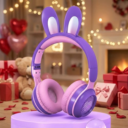 Image of Bluetooth Noise Cancelling Headphones for Kids,Foldable Cat Headphones with LED Light Up Ear,Cat Ear Headphones for Toddler with Microphone /TF Card,Kids Bluetooth Headphones (Rabbit Purple) | Delight your child with these stylish LED cat ear headphones premium noise cancellation, built-in mic, and wireless ease.