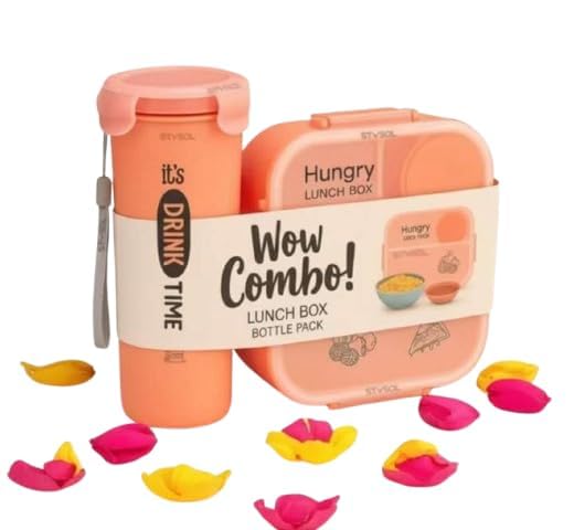 Image of Hungry Lunch Box with Water Bottle | Leakproof 3 Compartment Tiffin Box with Spoon, Fork & Sauce Container | BPA Free Food Grade Plastic | Microwave & Dishwasher Safe Lunch Box for School (Peach)