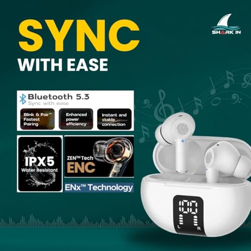 Image of SHARKin Air Buds in-Ear Earbuds with Super bass 13mm Drivers for Deep Bass 10-Minute Charge for 100 Minutes Playtime LED Display | USB-C Charging Crystal Clear Calling Portable Charging Case(1pcs)