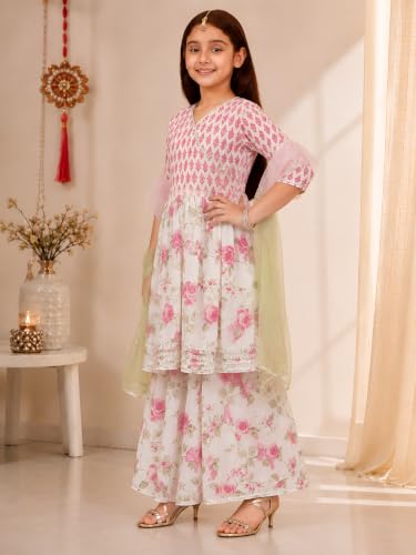 Image of Preneum Girl's Cotton Rayon Floral Printed Angrakha Kurta with Sharara & Dupatta