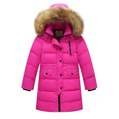 Riou Kinder Baby Lang Daunenjacke mit Pelz Ultraleicht Wintermantel Winter Warme Jungen Mädchen Jacke mit Kapuze Hochwertig Schön Parka Mantel (140, Pink) Cover