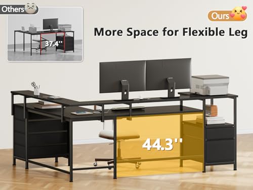 Image of Furologee 66 inch Reversible L Shaped Gaming Desk with 6 Drawers & Printer Storage Shelves, Corner Computer Desk with Power Outlets & LED Lights, Home Office Table with Monitor Stand, Black