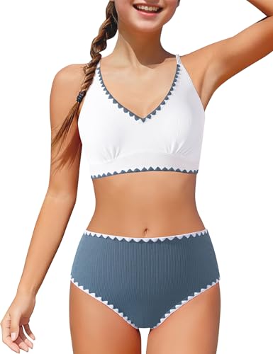 Image of Girls Swimsuit Contrast Trim Cross Back Swimwear Girls Bathing Suit with Padding 7-16Y