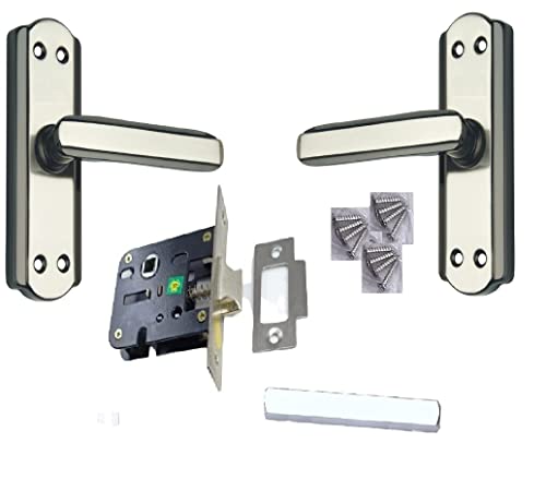 Image of Onjecx Steel Premium Range Bathroom Door Lock Mortise Door Handle with Baby Latch Lock Black Silver Finish Keyless | Bathroom Lock Pack of 1 Set (BL+ S05BBS)