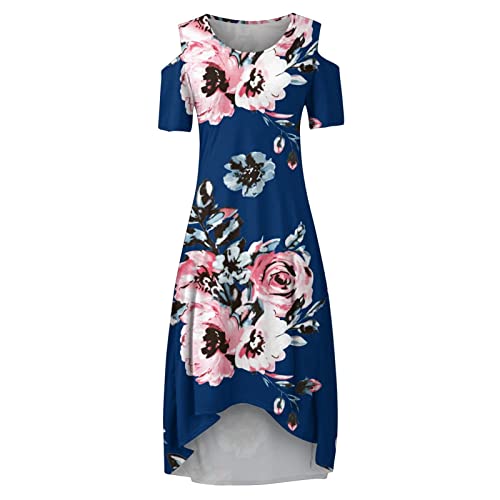 Timemeans Plus Size Women Empire Waist Asymmetrical High Low Bohemian Maxi Dress Short Sleeve Floral Print G Blue Xx-Large #TOP2