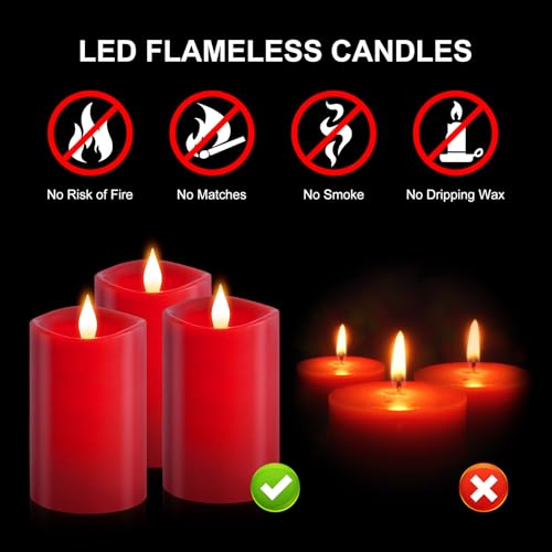 Image of 3PCS, 3 x 5 inches Flameless Candle with Remote Control, 3D Flickering Wick, Real Wax Pillar LED Candles, Battery Candles,with Timer,for Holiday Home Decor, Red