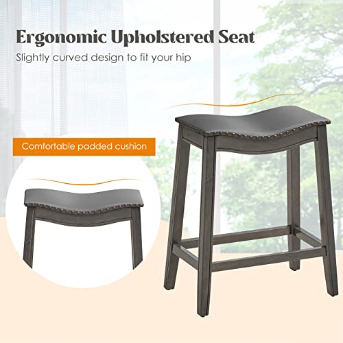 Costway Counter Height Bar Stools Set Of 2, 23.5-Inch Height Backless Saddle Stool With Rubber Wood Legs, Cushioned Seat And Footrest, Pvc Leather Makeup Chair For Kitchen Island Dining Room, Grey #TOP4