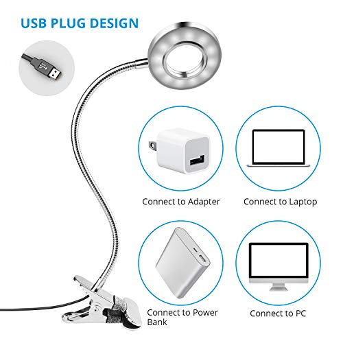 Led Clip Reading Light, 24 LEDs USB Clip on Lamp with 3 Color Mode and 10 level dimmer, Eye Care Lamp with 360 ° Flexible Gooseneck, Memory Function&Auto Off Function Book Light