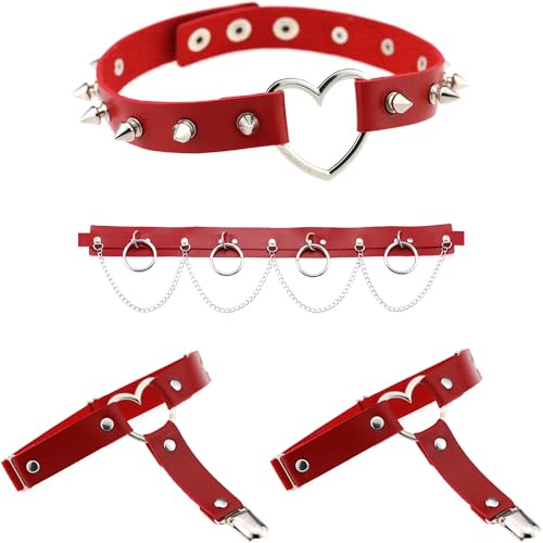 FM FM42 Red PU Simulated Leather Silver-tone Heart Ring Rivets Choker Belt Garter Set